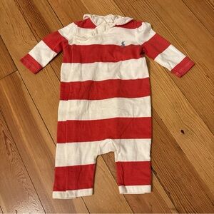 Baby Girls RALPH LAUREN Sz 3m Red White Stripe One Piece Romper Ruffle Collar